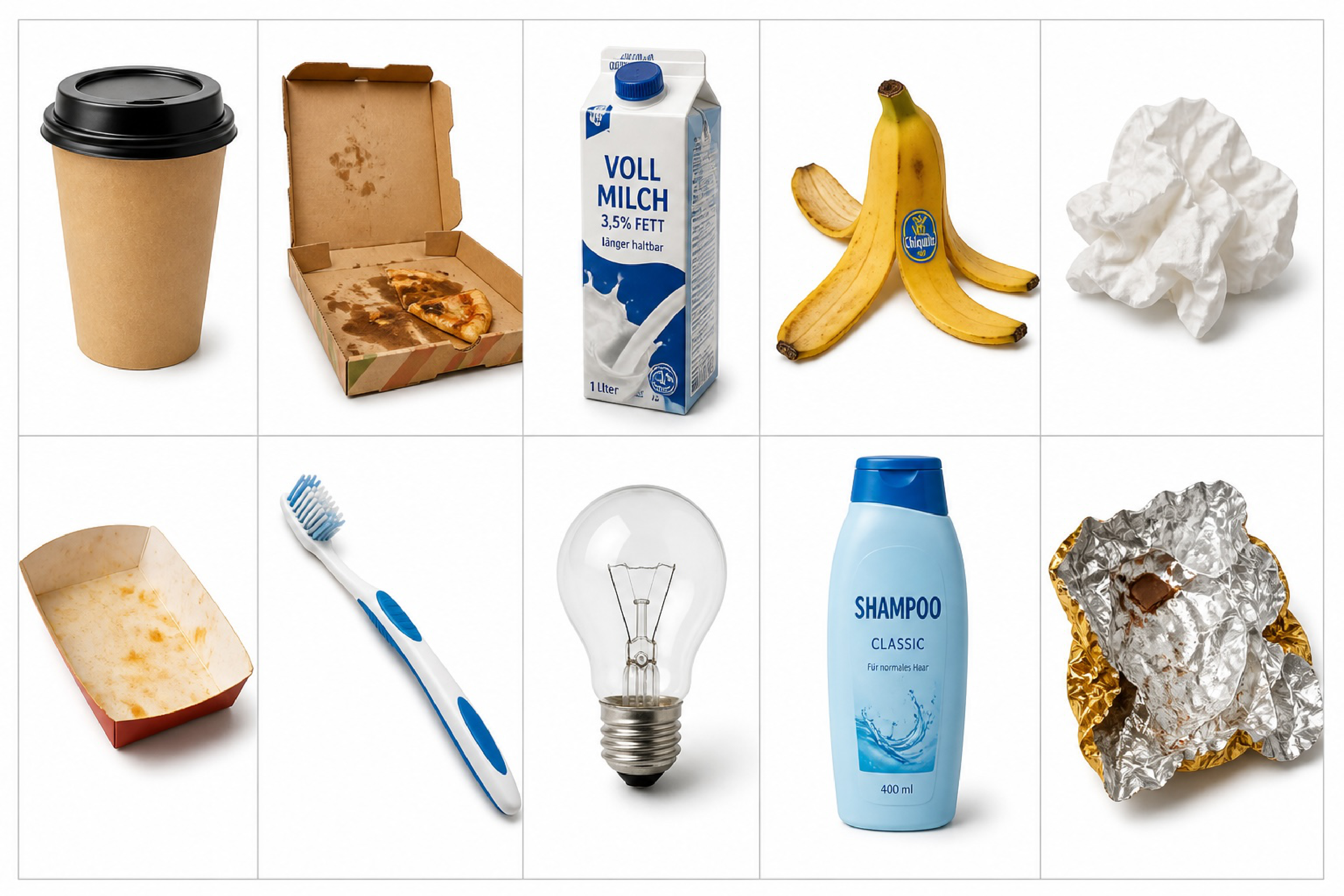 Bildkarten Abfall, Satz 1: Kaffeebecher, Pizzakarton, Milchtüte, Bananenschale, Papierknäuel, Pappschale, Zahnbürste, Glühbirne, Shampooflasche, Alufolie