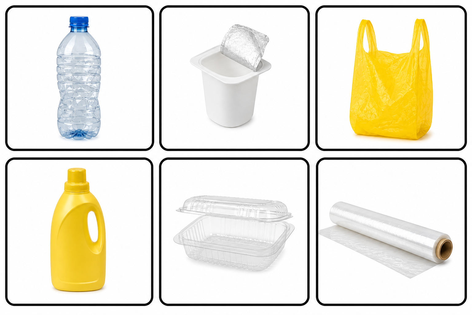 Bildkarten Abfall, Satz 2: Plastikflasche, Joghurtbecher, Plastiktüte, Spülmittelflasche, Plastikschale, Frischhaltefolie