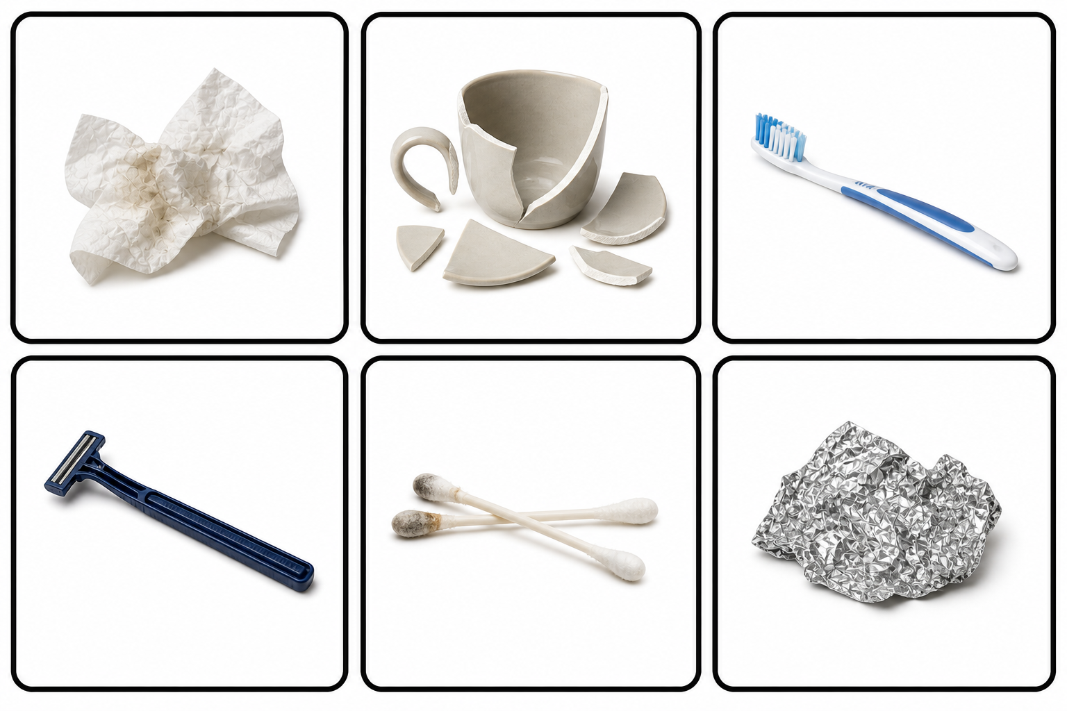 Bildkarten Abfall, Satz 3: Papiertaschentuch, zerbrochene Tasse, Zahnbürste, Rasierer, Wattestäbchen, Alufolie