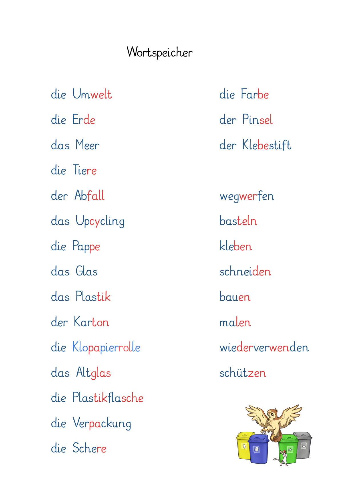 Wortspeicher Upcycling: Nomen wie die Umwelt, das Upcycling, der Abfall, die Pappe, das Glas, das Plastik und Verben wie wegwerfen, basteln, kleben, schneiden, bauen, malen, wiederverwenden, schützen
