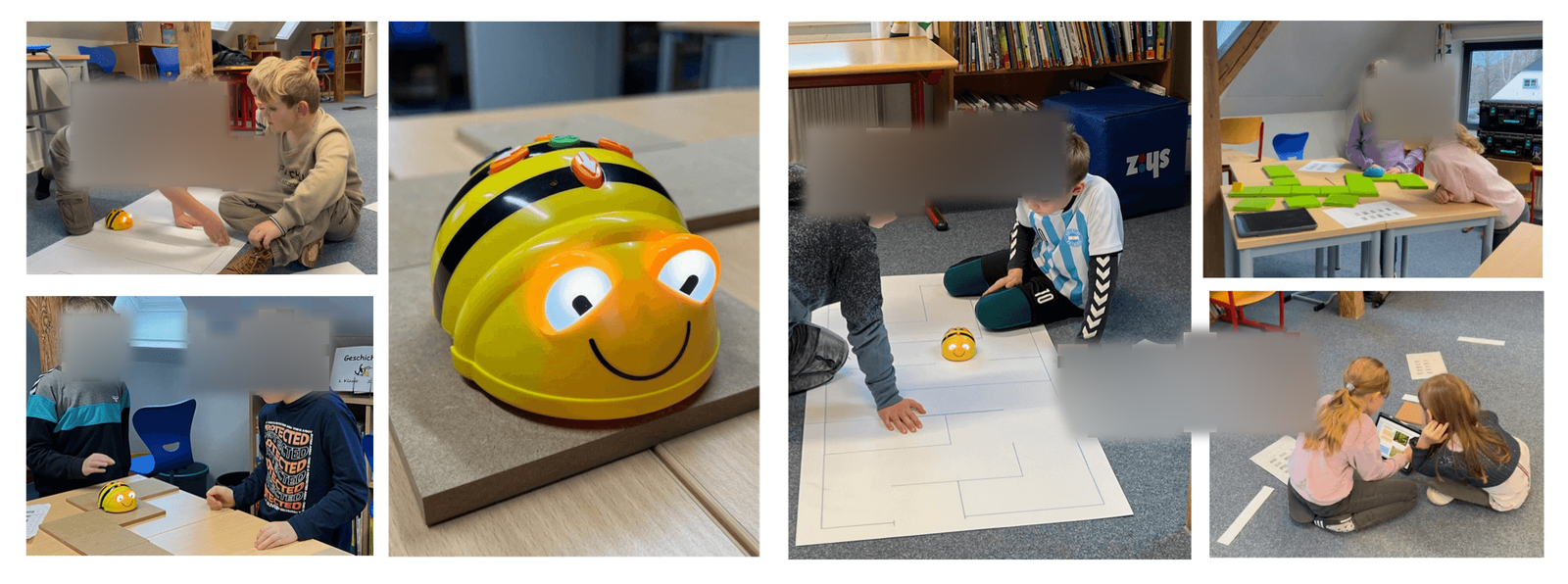 Zusehen ist eine Kollage aus 6 BIldern. Auf den Bildern sind die Fünstationen zu sehen, dan denen Kinder arbeiten. Ein bild ist eine Nahaufnahme des Bee-Bots selber.