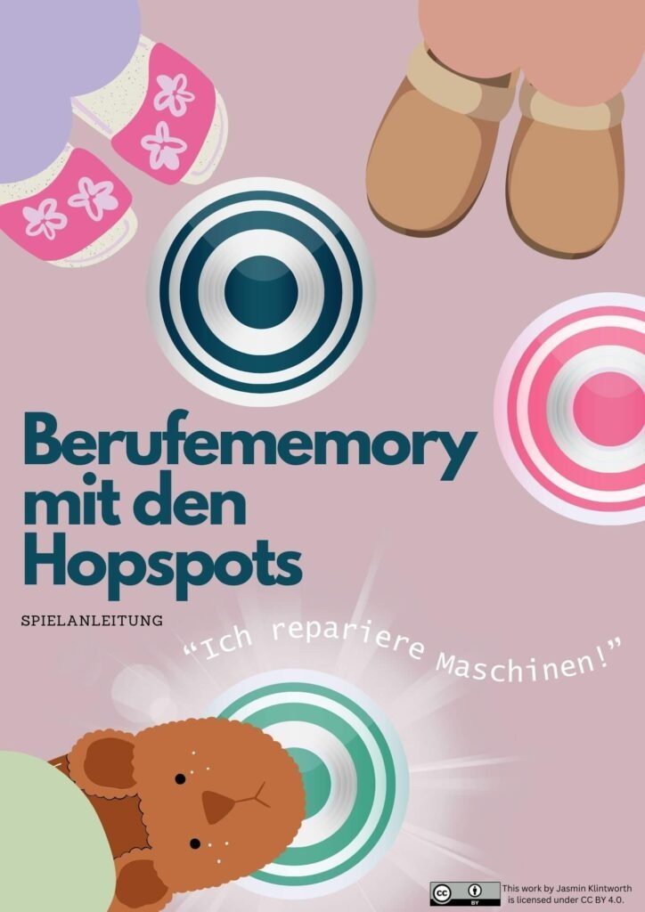 Zu sehen ist eine Grafik mit dem Titel "Berufememory mit den Hopspots". Der Untertitel lautet "Spielanleitung". In der Grafik ist eine Szene abgebildet, die ein Spiel von Kindern mit dem Hopspots aus der Vogelperspektive darstellt. Es sind lediglich die bunten Hausschuhe und Hosenbeine der Kinder dargestellt. Die als gestreifte Kreise dargestellten Hopspots liegen auf dem Boden. Die Kinder sind um die Hopspots positioniert. Der eine Hausschuh mit einem Bärengesicht tritt auf einen Hopspot. Helle Lichtstrahlen symbolisieren ein Leuchten des Hopspot. Über dem Hopspot steht der Text "Ich repariere Maschinen", als wäre es von dem Hopspot vertont.