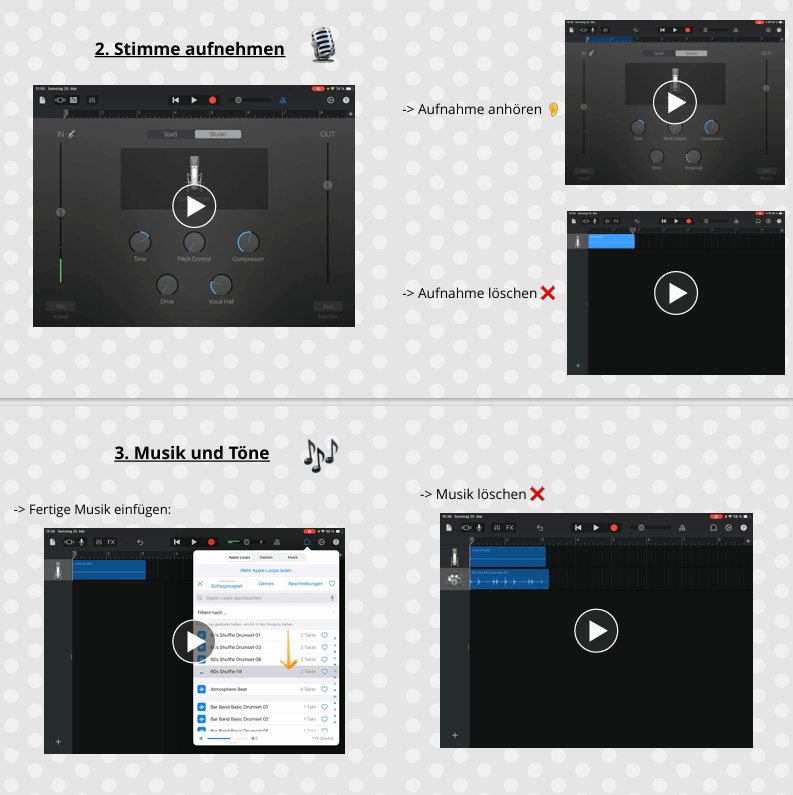 Das Bild zeigt einen Ausschnitt eines Bookcreators, auf dem verschiedene Erklärvideos zu sehen sind, um einen Podcast auf GarageBand zu schneiden.