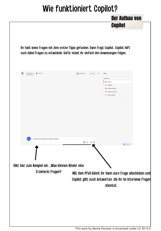 In der Grafik wird beschrieben, wie Kinder Copilot zur Generierung von Fragen nutzen können.