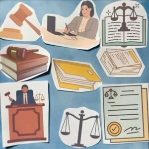 Das Bild zeigt ein Legebild als Papier, indem verschiedene Illustrationen angeordnet wurden, die thematisch zu dem Beruf Justizvollzugsangestellte passen. Es sind Ordner, Dokumente, Waagen, ein Richter mit Hammer und eine Frau an einem Laptop abgebildet.