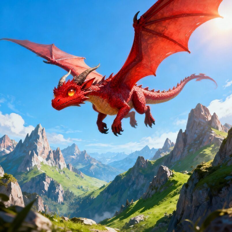 Dieses digitale Bild zeigt einen kleinen, leuchtend roten Drachen, der majestätisch durch einen strahlend blauen Himmel fliegt. Der Drache hat große, bernsteinfarbene Augen, zwei dunkle Hörner auf dem Kopf und weit aufgespannte, ledrige Flügel, durch die das Sonnenlicht schimmert. Er schwebt über einer beeindruckenden Gebirgslandschaft mit spitzen, schneebedeckten Gipfeln und saftig grünen Tälern. Die Szene ist in einem fantastischen, detailreichen Illustrationsstil gehalten und vermittelt eine Atmosphäre von Abenteuer und Freiheit in einer magischen Welt.