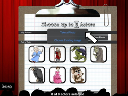 Oberfläche der App Puppet Pals, oben steht choose up to Actors, darunter sind sieben verschiedene Charaktere abgebildet (Hexe, Fee, ...).
