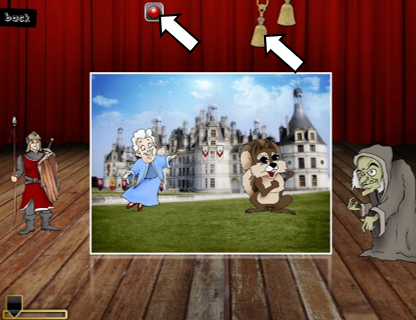 Die Oberfläche der App Puppet Pals ist zu sehen. Ein Bühnenboden, in der MItte ist ein Foto (ein Schloss) eingefügt, davor fliegt eine Fee und es sitzt ein Eichhörnchen auf dem Gras.