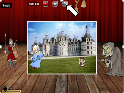 die Oberfläche von Puppet Pals wird gezeigt. Ein Pfeil zeigt auf ein Diskettenzeichen zum Speichern des Films oben mittig.