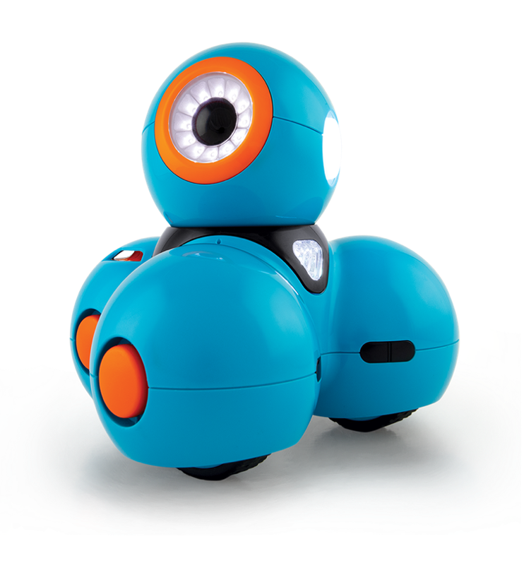 Eine Darstellung des Dash-Roboters. Er ist blau und besteht aus vier Kugel-Elementen. Die unteren drei stehen auf dem Boden, die obere sitzt mittig drauf und stellt den Kopf dar. In dem Kopf-Element ist eine weiße Lampe, Inder eine schwarte Pupille sitzt. Dieses Auge ist umrundet von einem orangenen Kreis.