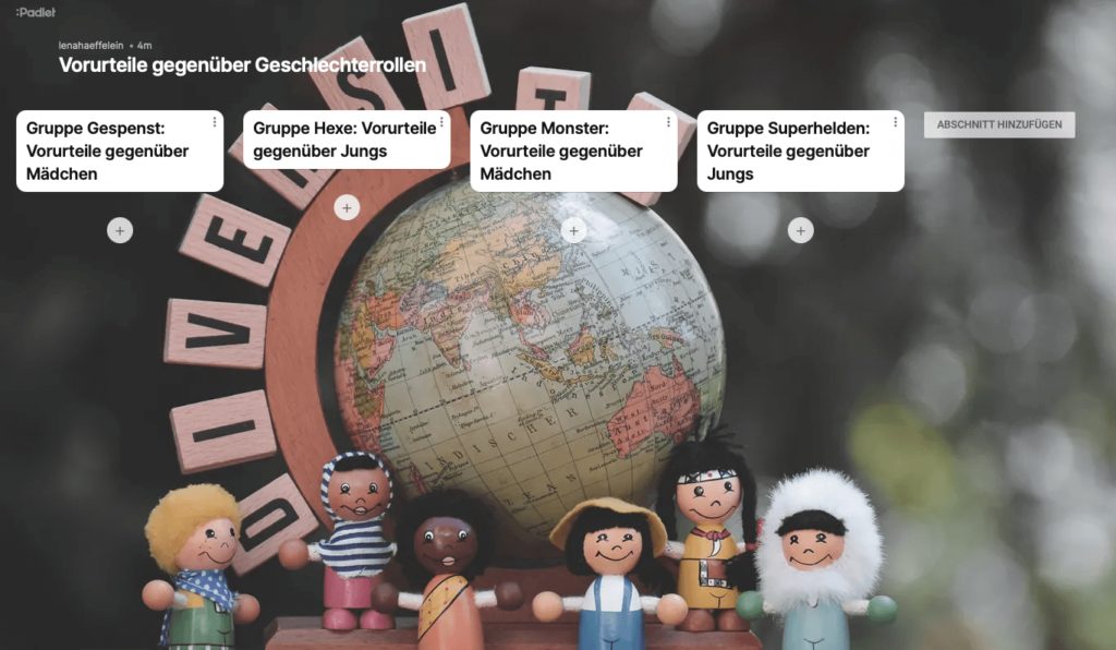 Beispielhafter Screenshot der Padletseite für die Gruppenarbeit. Im Hintergrund ist ein Bild zu sehen, welches eine Weltkugel und verschiedene Menschenfiguren abbildet, um die Diversität der Welt darzustellen. Im Vordergrund sind vier Kästchen abgebildet, in denen die vier Gruppennamen: Hexe, Gespenst, Superhelden und Monster beschrieben sind.
