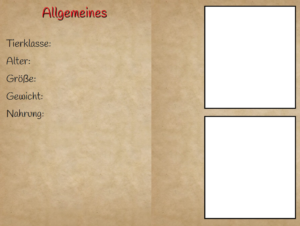 Eine Beispielseite eines Buches, die mit dem Book Creator erstellt wurde. Zu sehen ist ein leerer Steckbrief über "Allgemeines" zum Erdmännchen. Der Steckbrief kann ausgefüllt und zwei Bilder eingefügt werden.