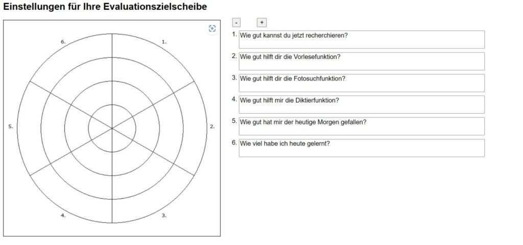 Unsere Zielscheibe mit den Fragen: Wie gut kannst du jetzt recherchieren? Wie gut hilft dir die Vorlesefunktion? Wie gut hilft dir die Fotosuchfunktion? Wie gut hilft dir die Diktierfunktion? Wie hat dir der heutige Morgen gefallen? Wie viel habe ich heute gelernt?