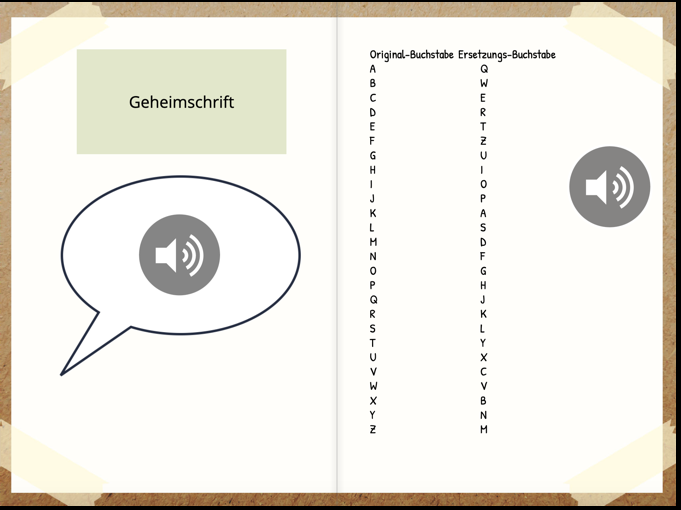 Abbildung 6: Didaktische Reserve zu dem Thema Geheimschrift im Book Creator der Station (eigener Screenshot, alle Rechte bei Tools for Schools Limited)