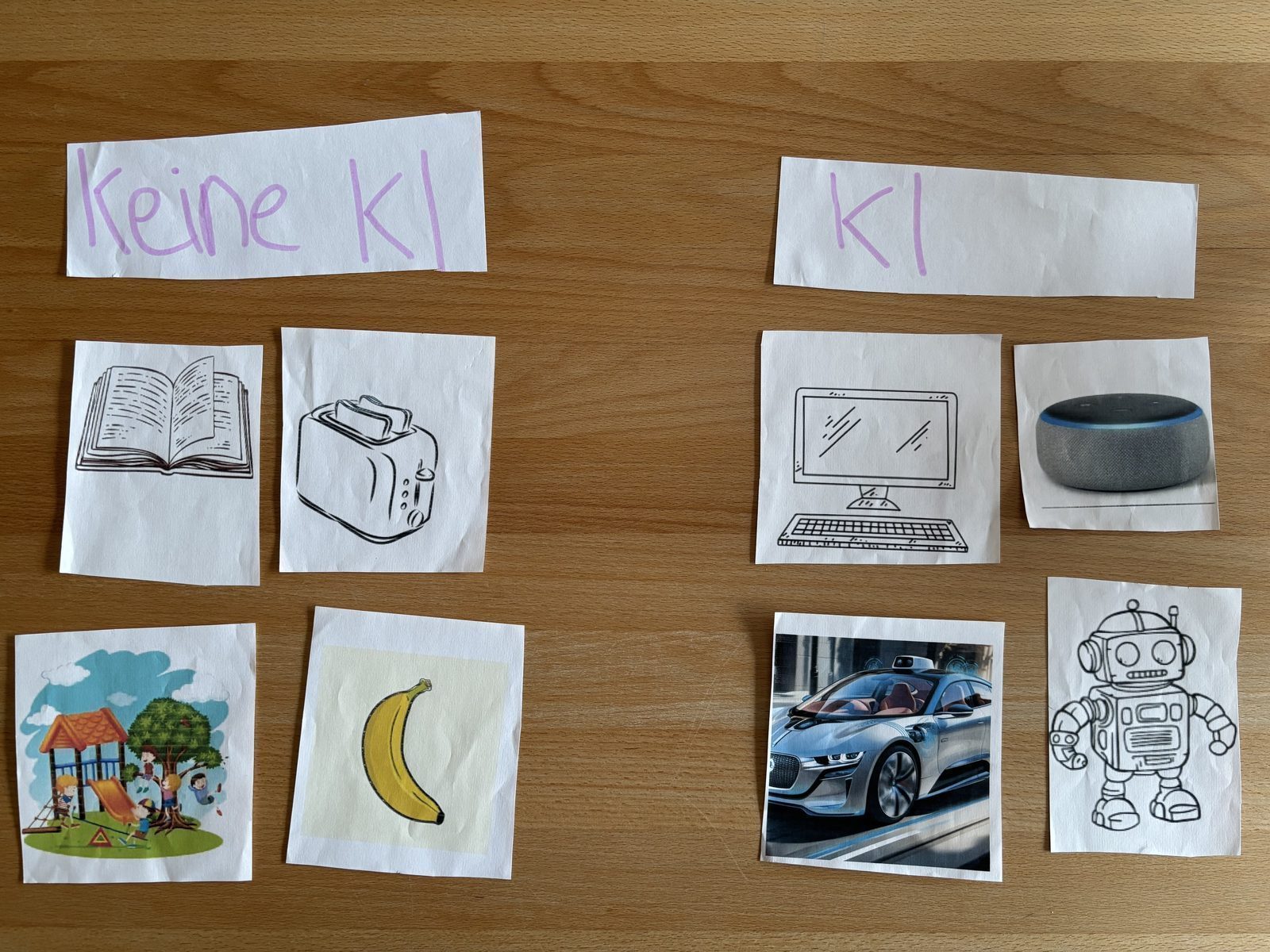 Auf diesem Bild ist ein eZuordnung abgebildet. Ein Toaster, ein Buch, eine Banane und ein Spielplatz sind Beispiel für keine KI. Beispiele für KI sind ein Computer, eine Alexa, ein selbstfahrendes Auto und ein Roboter