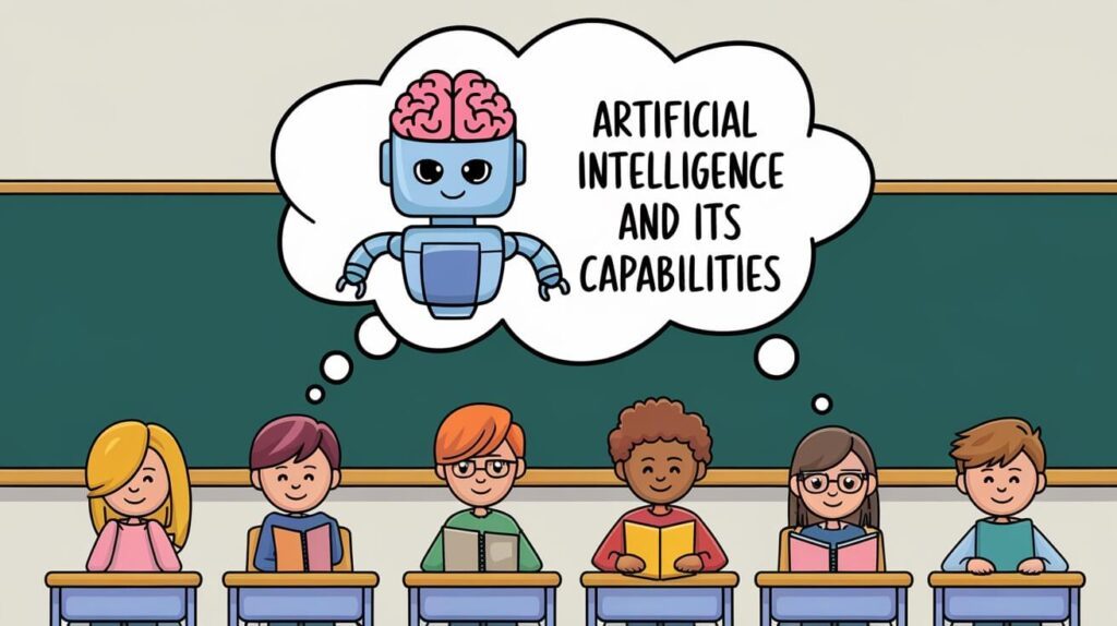 Sechs Schüler:innen sitzen in einem Klassenraum und lesen in ihren Büchern. Über ihren Köpfen ist eine große Sprechblase mit einem Roboter und der Aufschrift "Artificial Intelligence and its capabilities".
