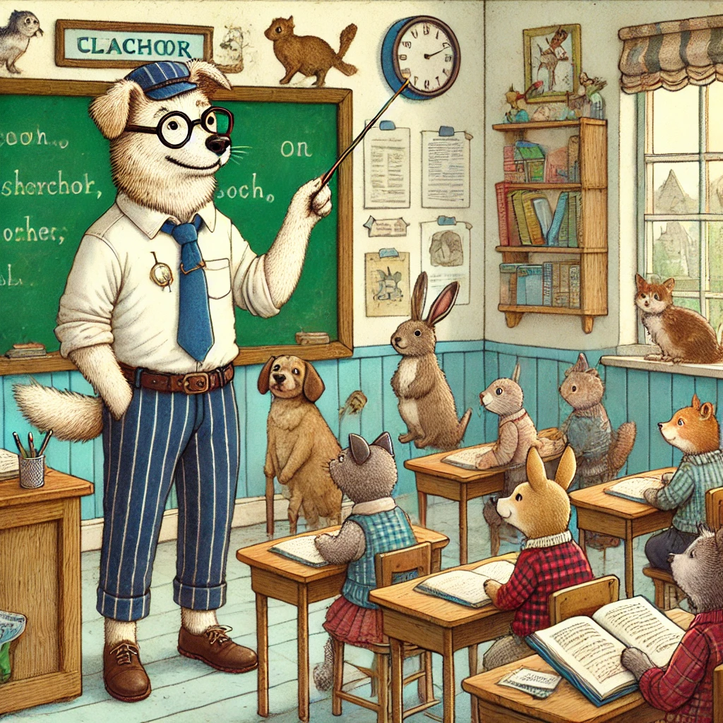 Ein KI-generiertes Bild zeigt eine liebevoll gestaltete, märchenhafte Schulklasse, in der anthropomorphe Tiere als Lehrer und Schüler dargestellt sind. Im Mittelpunkt steht ein Hund mit Brille, Weste und einer gestreiften Hose, der als Lehrer fungiert. Er hält einen Zeigestock in der Hand und deutet auf eine Tafel, auf der unleserliche Schriftzüge stehen.  Vor ihm sitzen verschiedene tierische Schüler:innen, darunter Hasen, Eichhörnchen, Katzen und Füchse, die an Holztischen mit aufgeschlagenen Büchern arbeiten. Einige Tiere sind aufmerksam, während andere scheinbar neugierig aus dem Fenster schauen oder sich im Raum umsehen. Die Klassenzimmerwände sind mit Büchern, Notizen und Bildern dekoriert, was eine gemütliche Lernatmosphäre schafft. Im Hintergrund hängt eine Uhr, die auf eine bestimmte Uhrzeit verweist, und ein Regal mit Büchern und kleinen Dekorationsgegenständen verstärkt die Detailtiefe des Bildes.