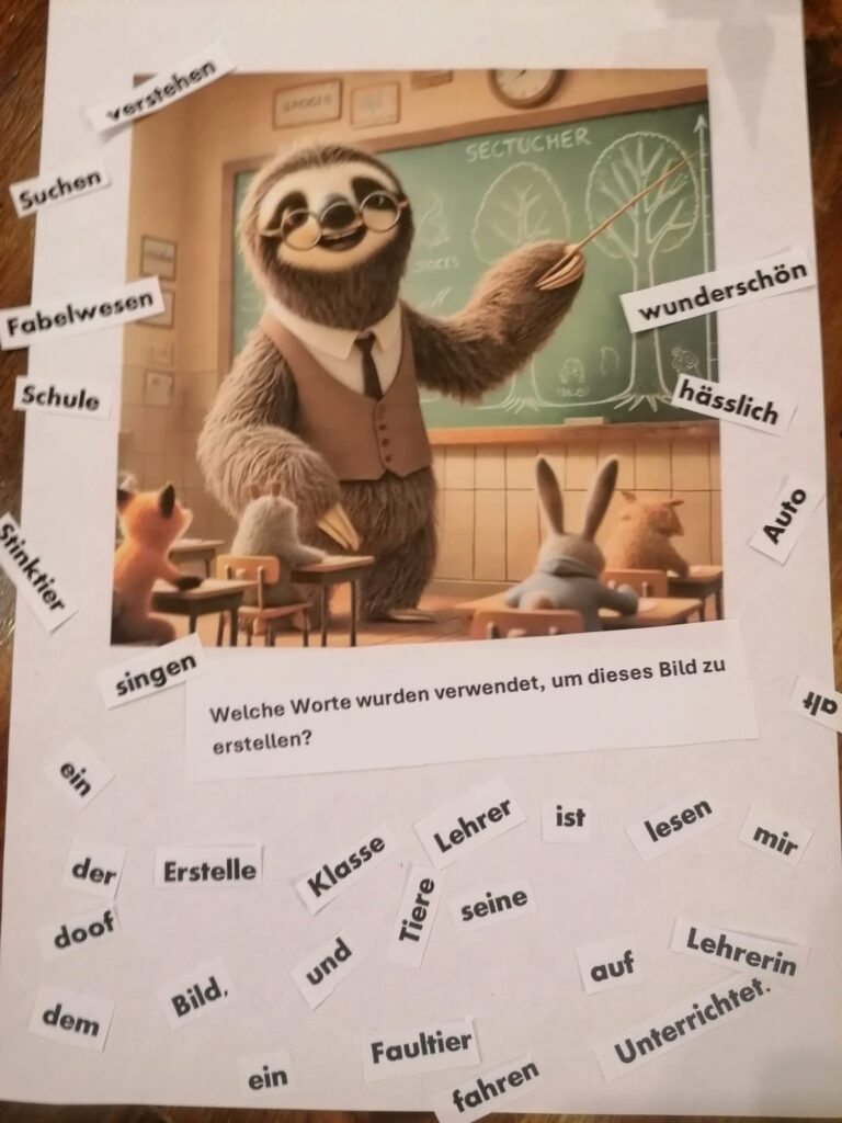 Ein ausgedrucktes KI-generiertes Bild zeigt ein anthropomorphes Faultier als Lehrer in einem Klassenzimmer. Es trägt eine Weste, Hemd und Krawatte und hält mit einer Pfote einen Zeigestock in Richtung einer Tafel, auf der schematische Baumzeichnungen zu sehen sind. Vor ihm sitzen verschiedene tierische Schüler:innen, darunter ein Hase und ein Fuchs, auf Schulbänken.  Rund um das Bild sind ausgeschnittene Wörter verteilt, darunter Begriffe wie „Lehrer“, „Klasse“, „Faultier“, „Tiere“, „lesen“, „Unterrichtet“ und „wunderschön“. Über dem Bild befindet sich eine Frage: „Welche Worte wurden verwendet, um dieses Bild zu erstellen?“ Die Aufgabe scheint darauf abzuzielen, die Begriffe zu identifizieren, die bei der KI-Bildgenerierung verwendet wurden.