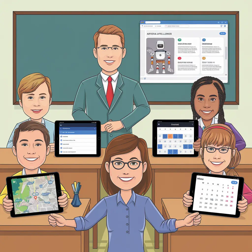 In einem Klassenraum befinden sich zwei Lehrkräfte und vier Schüler:innen. Die 4 Schüler:innen zeigen ihre iPads mit verschiedenen digitalen Tools. An einer Tafel ist auch eine Plattform über Künstliche Intelligenz geöffnet.