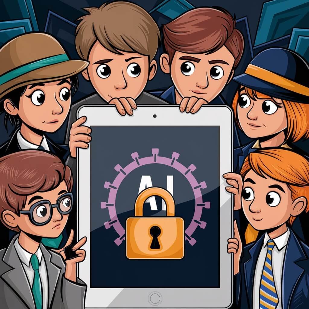 6 Jugendliche, die als Spione verkleidet sind, halten gemeinsam ein großes iPad. Auf dem iPad ist die KI mit einem verriegelten Schloss dargestellt.