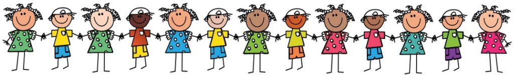 Das Bild zeigt eine bunte Reihe von stilisierten Figuren, die Hand in Hand stehen. Die Figuren sind in einem cartoonartigen Stil gezeichnet, mit simplen, runden Köpfen, großen, lachenden Gesichtern und einfachen Körpern. Sie tragen verschiedene bunte Kleidung: grüne, blaue, gelbe, orange und pinke Oberteile mit Punkten oder einfarbigen Shorts. Die Figuren repräsentieren Vielfalt: Sie haben verschiedene Hautfarben und Frisuren, was auf eine inklusive und vielfältige Gemeinschaft hinweist. Einige der Figuren tragen Mützen. Die Reihe der Figuren symbolisiert Zusammenhalt und Gemeinschaft, indem sie sich an den Händen halten.