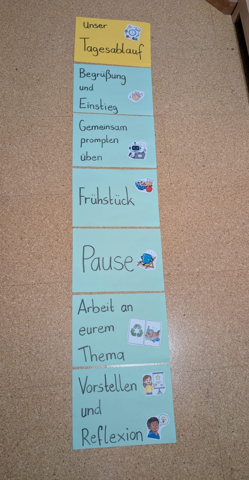 Visualisierung des Tagesablaufs an der Pinnwand: Begrüßung und Einstieg, Gemeinsam prompten üben, Frühstück, Pause, Arbeit an eurem Thema, Vorstellen und Reflexion