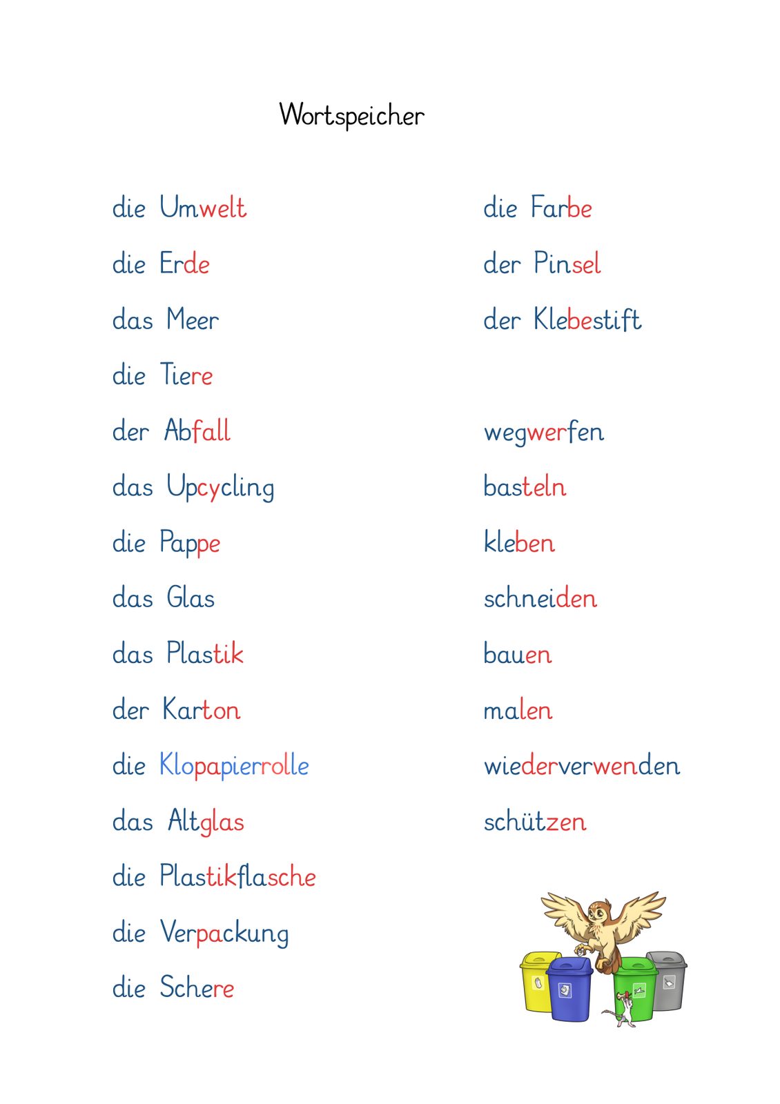 Wortspeicher Upcycling: Nomen wie die Umwelt, das Upcycling, der Abfall, die Pappe, das Glas, das Plastik und Verben wie wegwerfen, basteln, kleben, schneiden, bauen, malen, wiederverwenden, schützen
