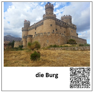 Ein Bild einer Burg ist mit den Worten "die Burg" beschriftet. Daneben befindet sich ein QR-Code, welcher zur auditiven Darstellung des Begriffes führt.