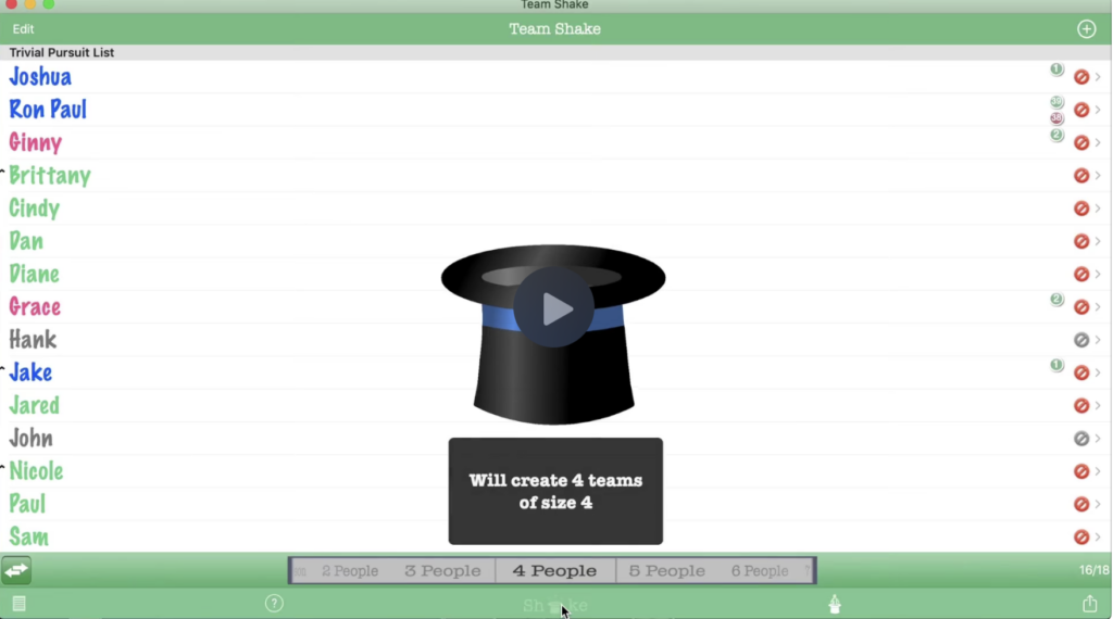 App Team Shake Screenshot:
Liste von Namen zur Gruppenerstellung.