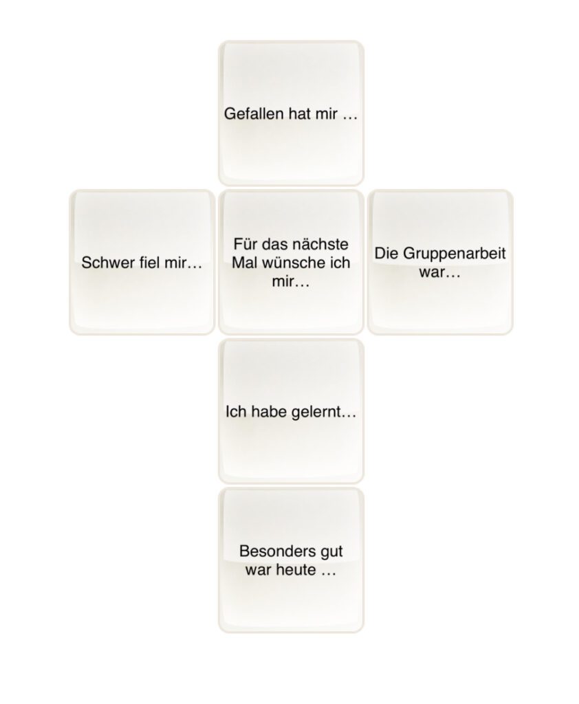 App Make Dice Screenshot: Gestaltungsmöglichkeiten der Würfel mit Satzanfängen zur Reflexion