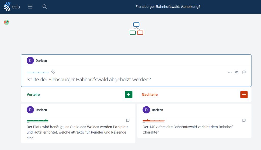 Kialo-Edu Beitrag über die Abholzung des Flensburger Bahnhofswald, mit Vor- und Nachteilbeispiel.