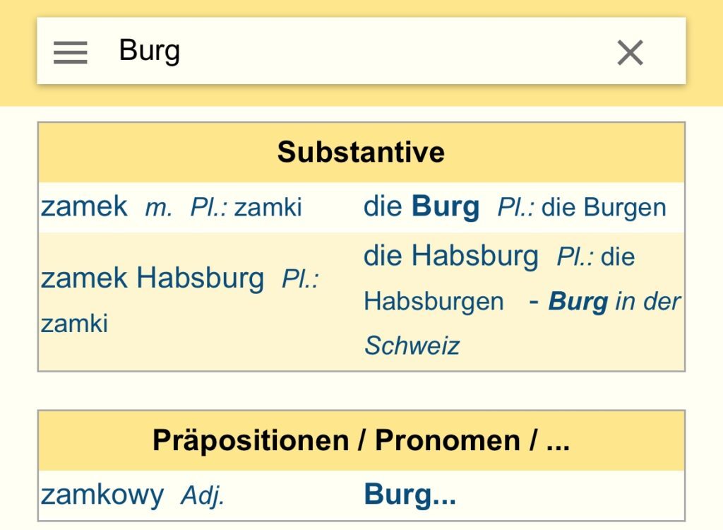 Auf dem Screenshot von Leo.org ist die Übersetzung zamek = Burg zu sehen.