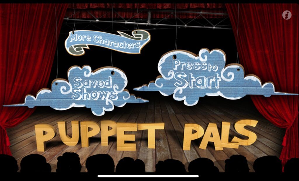 Auf dem Bild ist die Startseite von Puppet Pals zu sehen. Auf der Bühne sind neben dem App-Titel Buttons mit "More Characters", "Saved Shows" und "Press to Start" zu sehen.