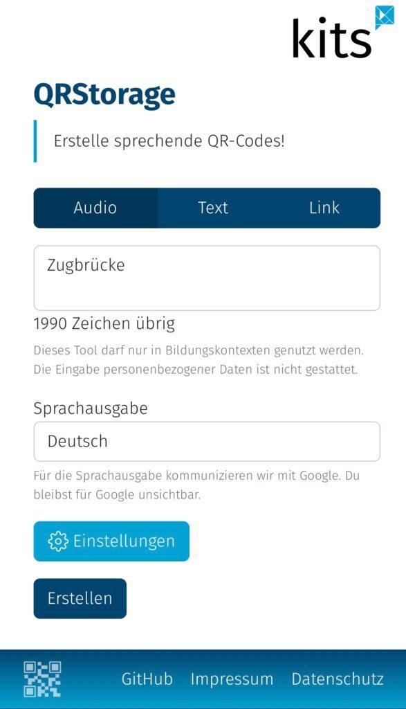 Auf dem Screenshot aus dem Tool QRStorage, ist die Möglichkeit zur Eingabe eines Textes zu sehen, welcher dann als Audio, Text oder Link dargestellt werden kann.
