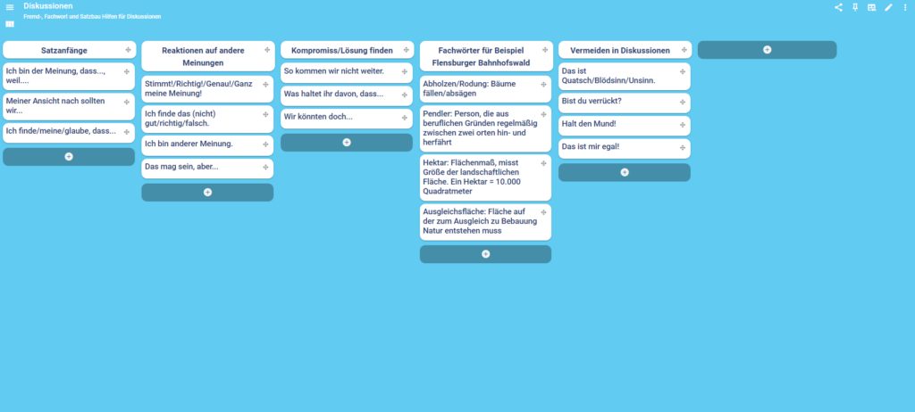 TaskCards Seite mit Einträgen über Satzanfänge, Reaktionen, Lösungen, Fachwörtern und Vermeidungen in Diskussionen.