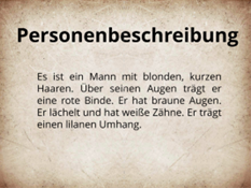 App Book Creator Screenshot: Personenbeschreibung.
Es ist ein Mann mit blonden, kurzen Haaren. Über seinen Augen trägt er eine rote Binde. Er hat braune Augen. Er lächelt und hat weiße Zähne. Er trägt einen Lianen Umhang.
