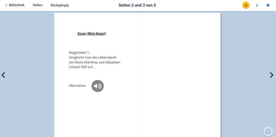 Abgebildet ist ein Screenshot, der veranschaulicht, welche Form ein Essay mit dem "Bookcreator" annehmen kann.  Der Screenshot zeigt, dass man zusätzlich zur schriftlichen Beantwortung der Essayfrage mit dem "Bookcreator", auch eine Audioaufnahme einfügen kann.