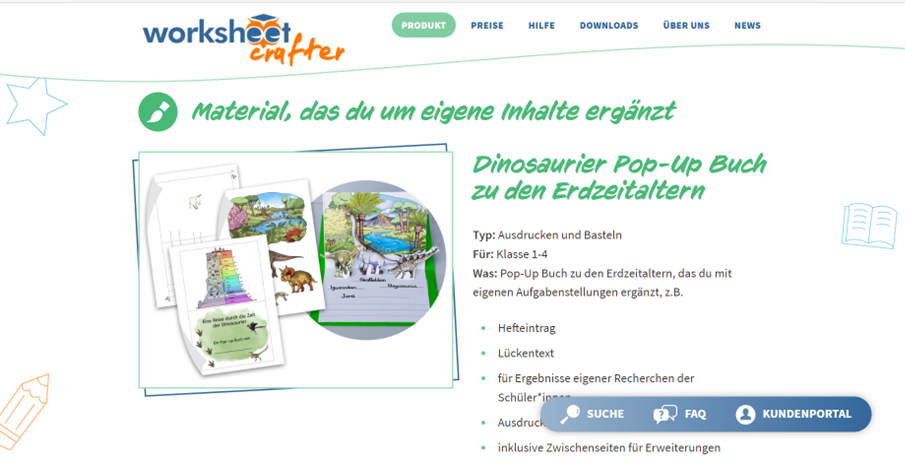 Zu sehen ist ein Screenshot, der ein Beispiel für Unterrichtsmaterial zeigt, das mit dem Worksheet Crafter erstellbar ist. Hie ist exemplarisch ein Dinosaurier Pop-Up Buch zu sehen.