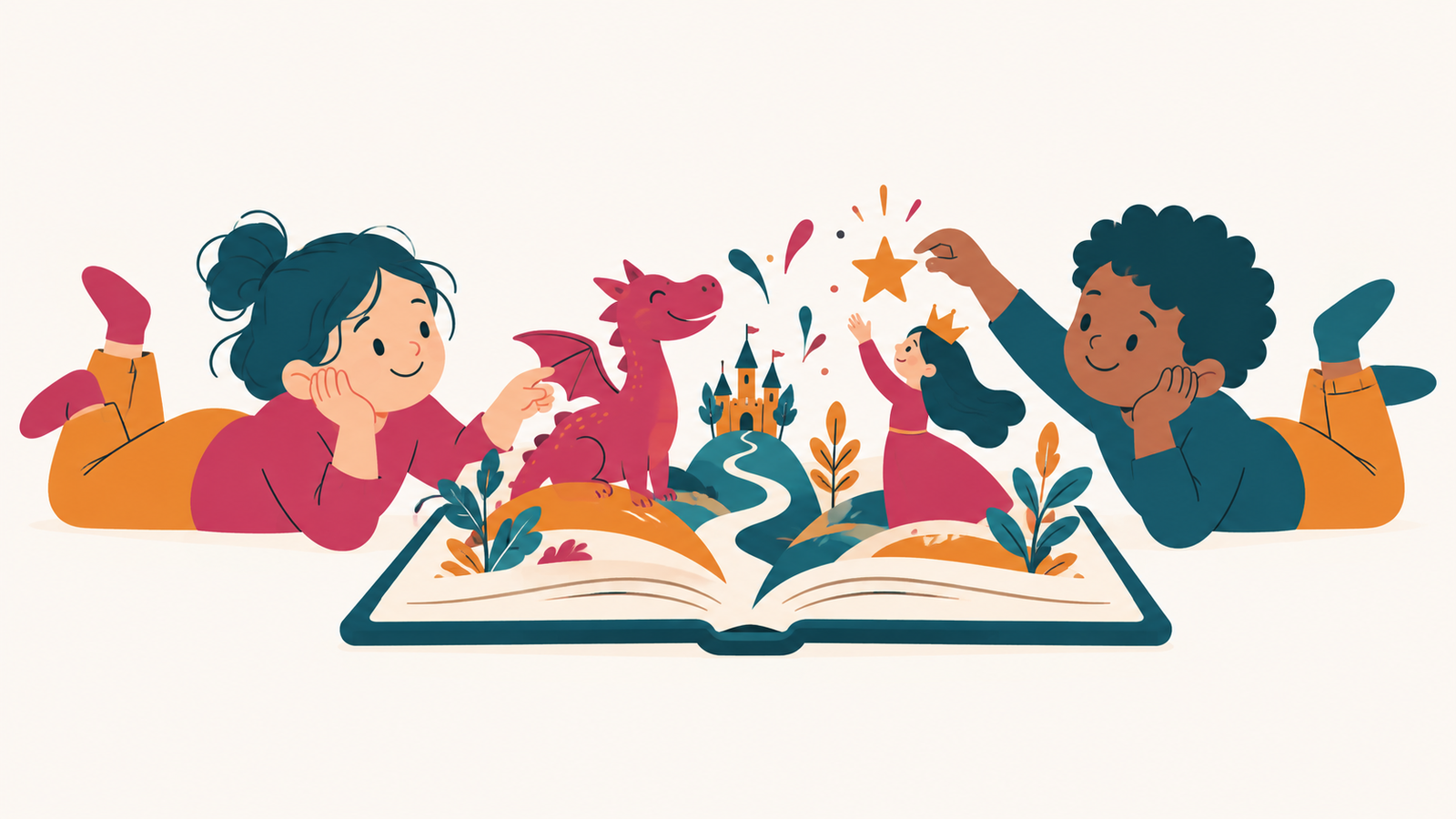 Zwei Kinder liegen vor einem aufgeschlagenen Bilderbuch, aus dem ein Drache, eine Burg und eine Prinzessin aufsteigen.