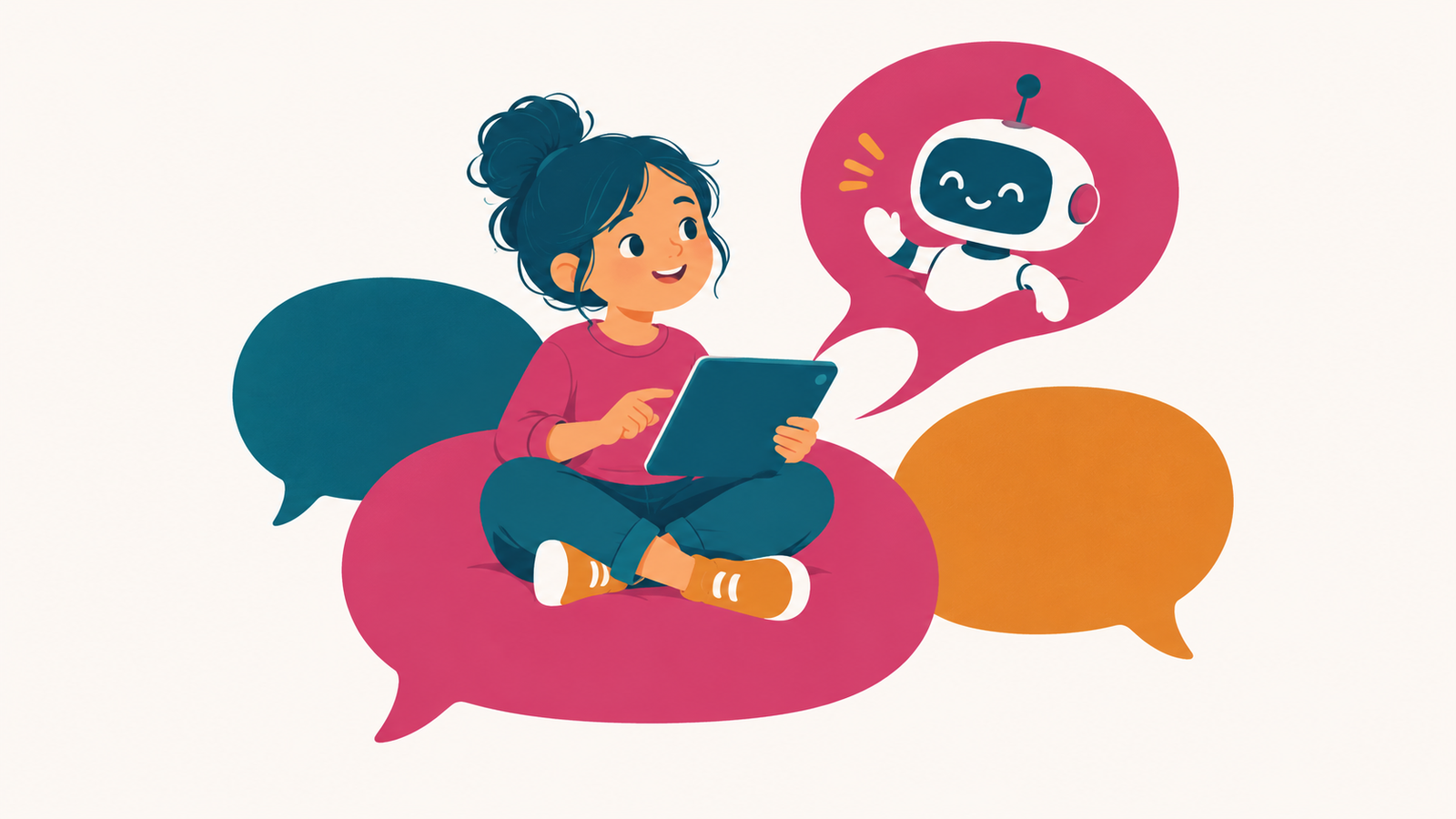 Ein Kind mit Tablet zwischen großen Sprechblasen, in einer Sprechblase winkt ein Chatbot.