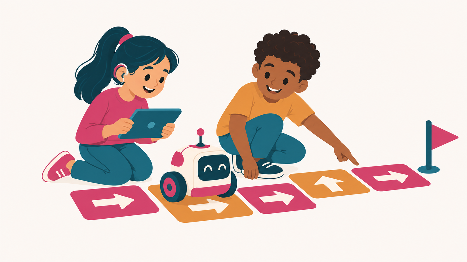 Zwei Kinder legen Pfeilkarten als Weg für einen kleinen Roboter, eines steuert ihn mit dem Tablet.