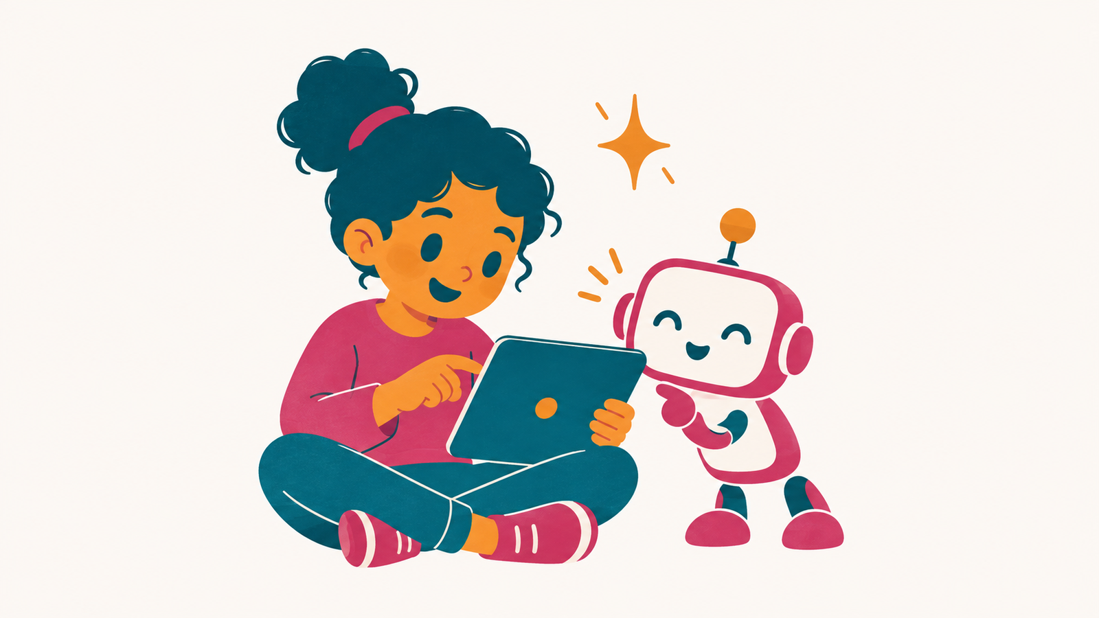 Ein Kind sitzt mit einem Tablet auf dem Boden und schaut einen kleinen, freundlichen Roboter an.
