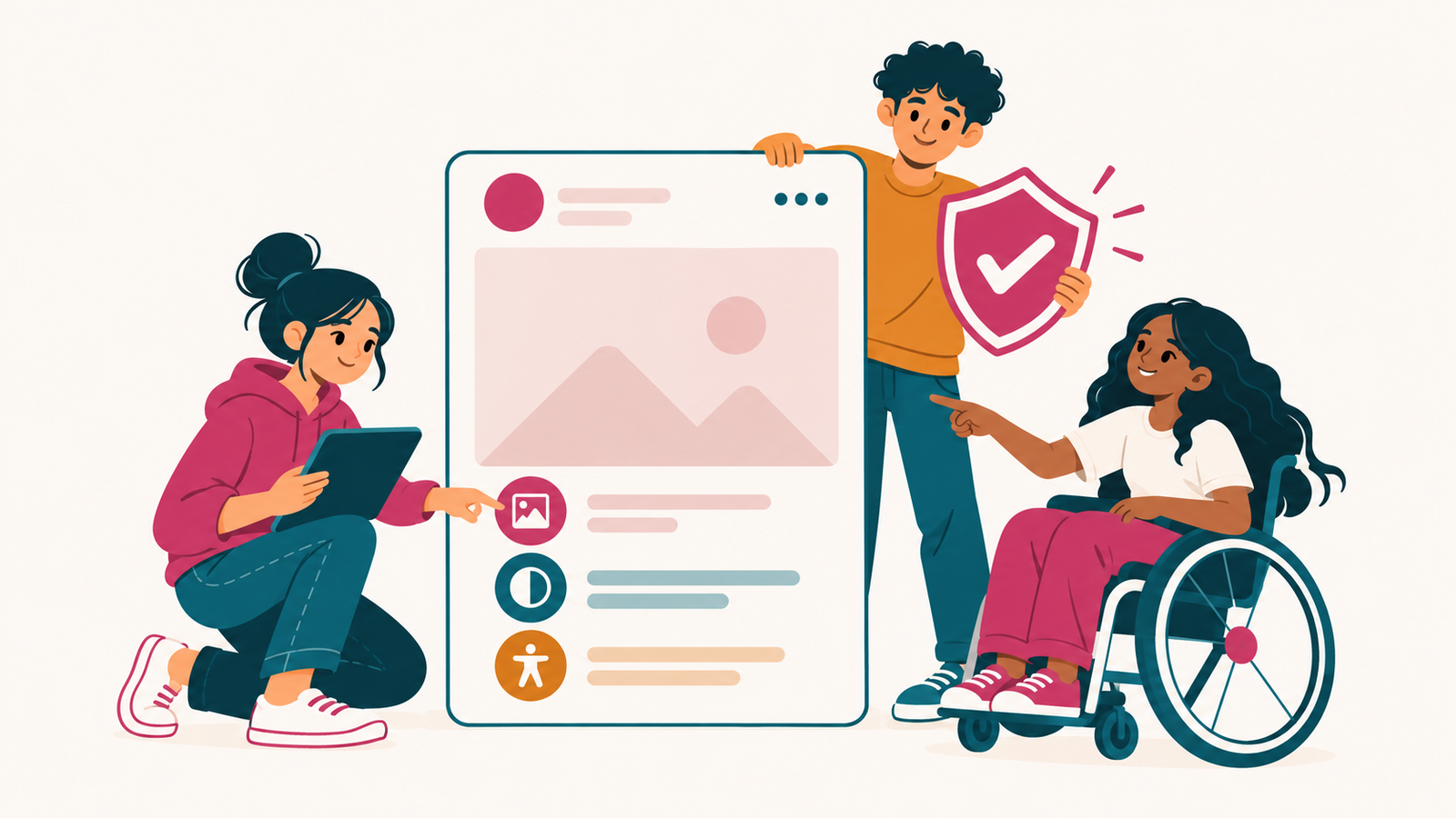 Drei Kinder, eines im Rollstuhl, gestalten gemeinsam einen Social-Media-Beitrag mit Alternativtext- und Untertitel-Symbolen.