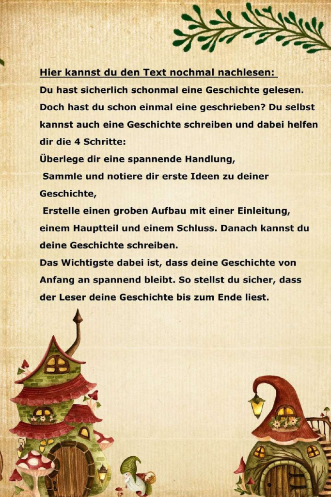 Dieses Bild bietet eine schriftliche Zusammenfassung der Lerninhalte unter der Überschrift: „Hier kannst du den Text nochmal nachlesen:“. Der Text erklärt, dass vier Schritte beim Schreiben einer Geschichte helfen: Eine spannende Handlung überlegen, Ideen sammeln, einen groben Aufbau (Einleitung, Hauptteil, Schluss) erstellen und schließlich die Geschichte schreiben. Es wird betont, dass die Geschichte von Anfang an spannend bleiben muss, um das Interesse der Leser:innen zu halten.