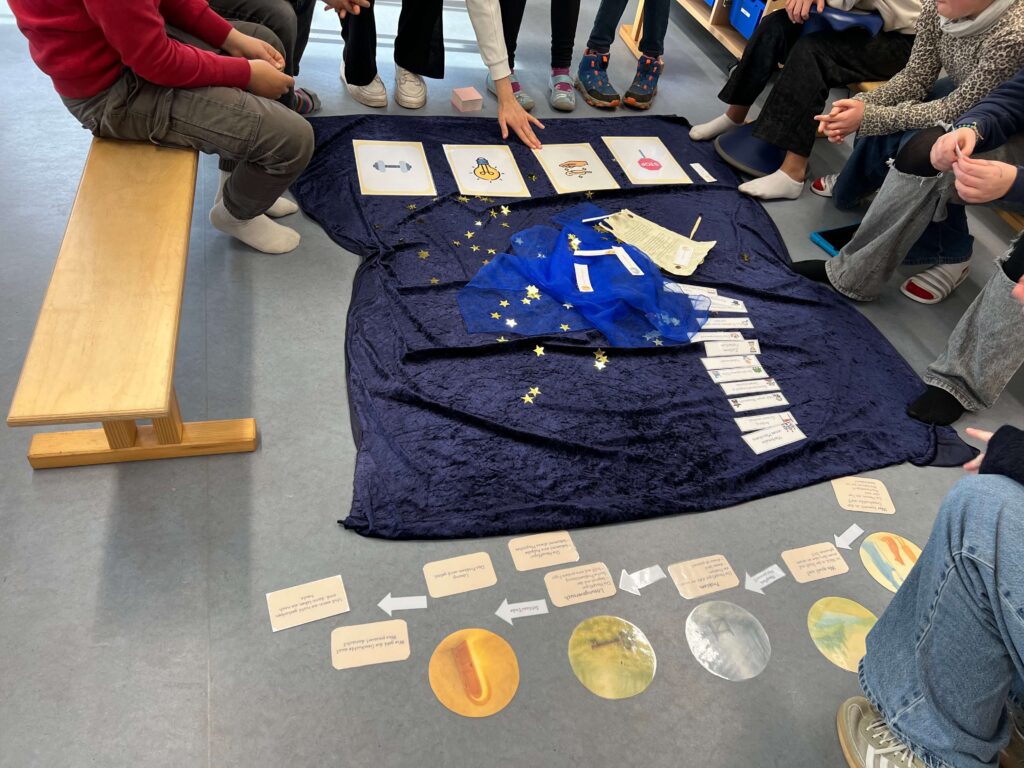 In einer vogelperspektivischen Aufnahme ist eine Gruppe von Kindern zu sehen, die gemeinsam auf dem Boden und auf Bänken im Kreis sitzen. Im Zentrum des Kreises liegt ein dunkelblauer Samtstoff, der mit kleinen goldenen Sternen und einem hellblauen Tuch dekoriert ist. Darauf sind verschiedene Bildkarten verteilt, unter anderem eine Glühbirne und eine Hantel. Vor dem Tuch auf dem grauen Boden ist eine strukturierte Sequenz von runden Bildern und Textkarten ausgelegt, die mit weißen Pfeilen verbunden sind und den Ablauf einer Geschichte symbolisieren. Eine Hand zeigt erklärend auf eine der Karten, während die Kinder aufmerksam das Geschehen in der Mitte verfolgen.